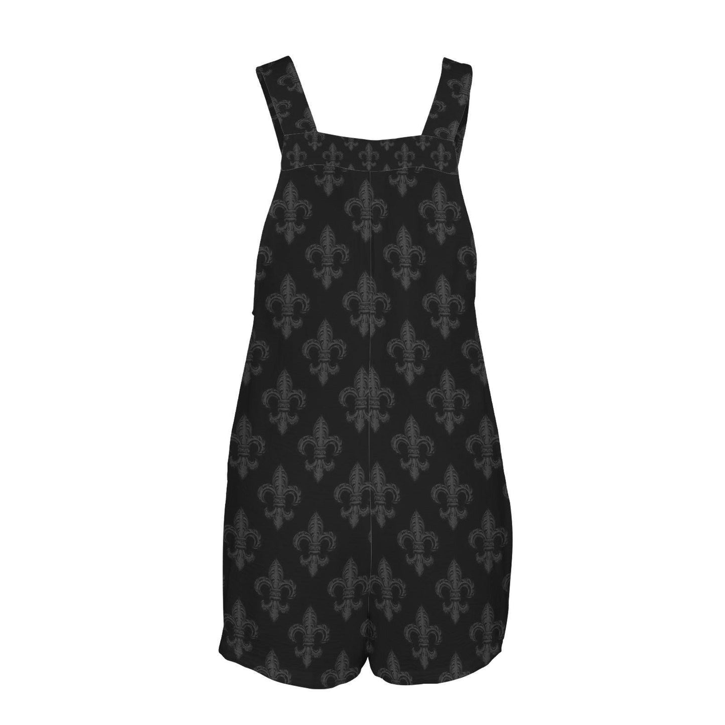 Gothic Fleur de Lis Overall Romper, Black White Shortalls with Pockets, Dark Academia Playsuit