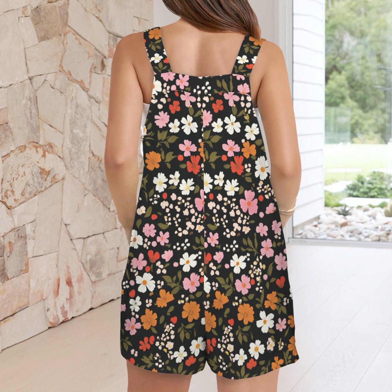 Retro Floral Short Romper, Black Daisy Print, Square Neck, Pockets