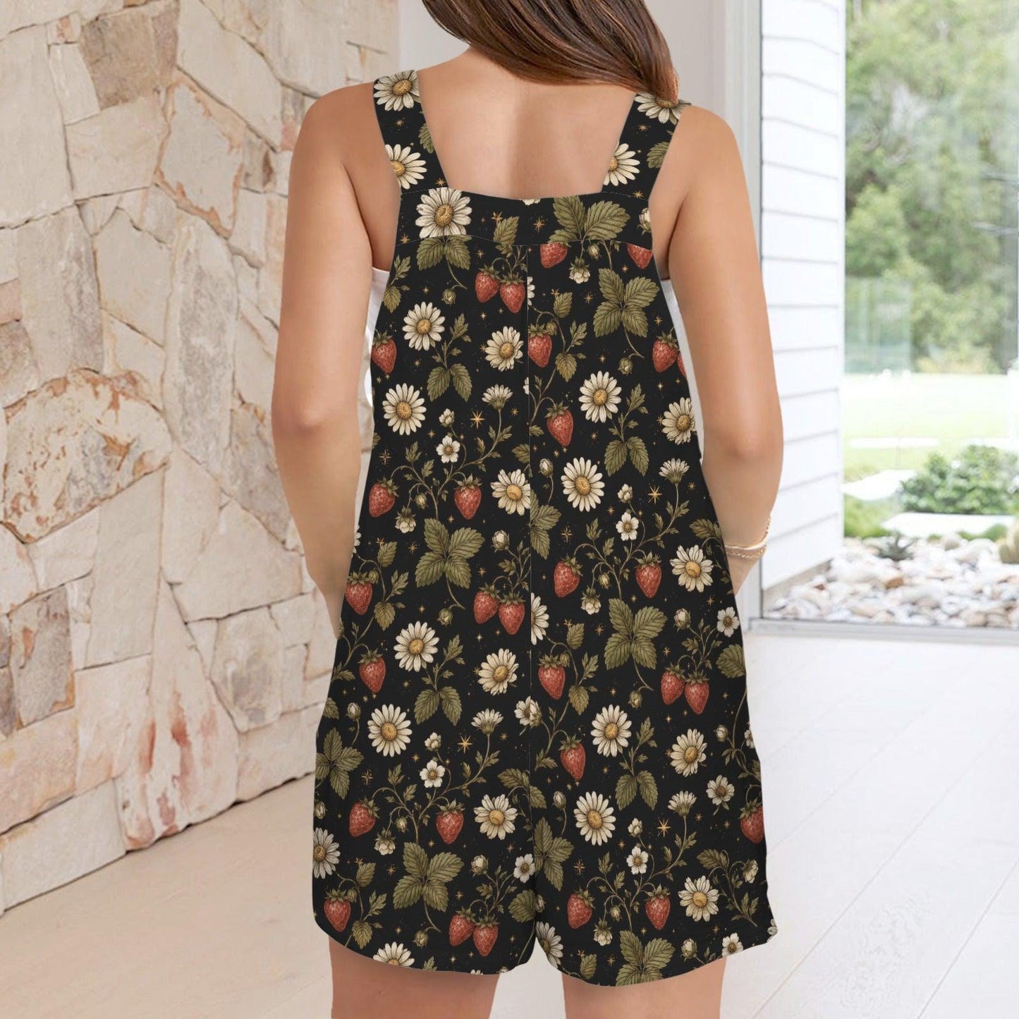 Black Strawberry Daisy Print Romper, Cottagecore Shortalls with Pockets