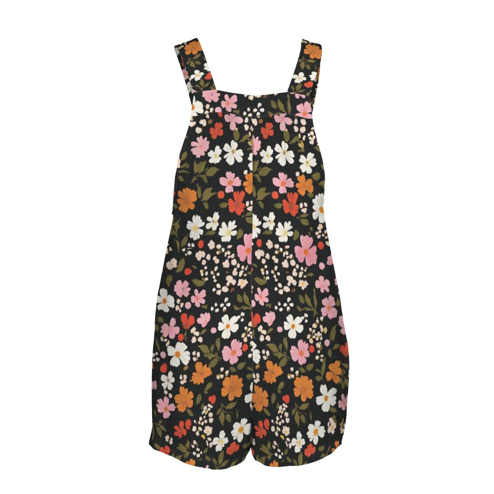Retro Floral Short Romper, Black Daisy Print, Square Neck, Pockets
