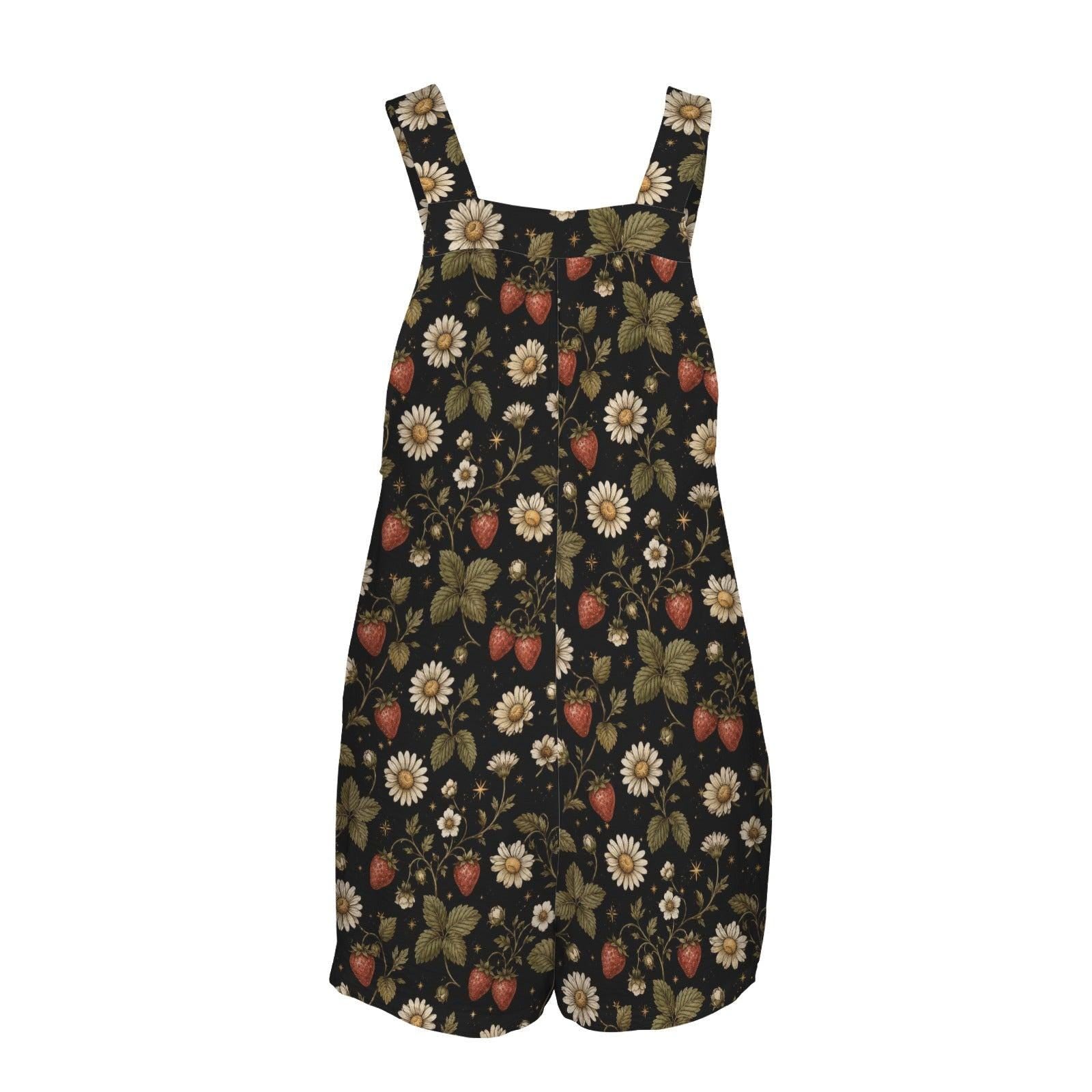 Black Strawberry Daisy Print Romper, Cottagecore Shortalls with Pockets