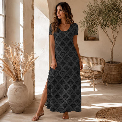 Gothic Maxi Dress, Dark Academia Damask Gown, Charcoal Side Slit Dress
