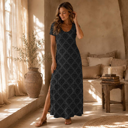 Gothic Maxi Dress, Dark Academia Damask Gown, Charcoal Side Slit Dress