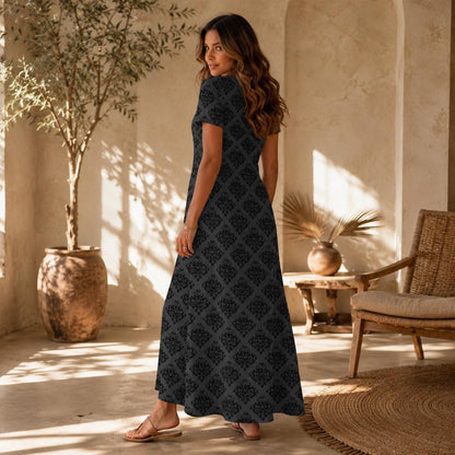 Gothic Maxi Dress, Dark Academia Damask Gown, Charcoal Side Slit Dress