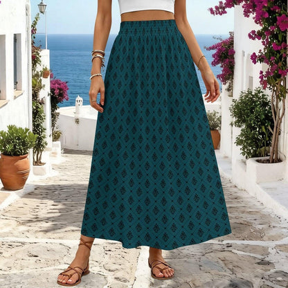 Teal Boho Maxi Skirt, Dark Diamond Print High Waist Skirt, Flowy Ankle Length Skirt for Summer Travel Outfits