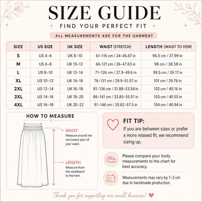 The image is a size guide that provides measurements for different skirt sizes based on waist and length. It includes a chart with measurements for US, UK, and European sizes, along with corresponding measurements for different skirt styles. The guide also provides a fitting tip for those who prefer a more relaxed fit.