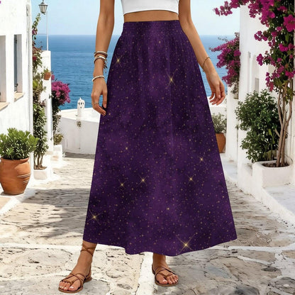 Purple Star Print Maxi Skirt, Celestial High Waist A Line, Cosmic Boho Festival Style