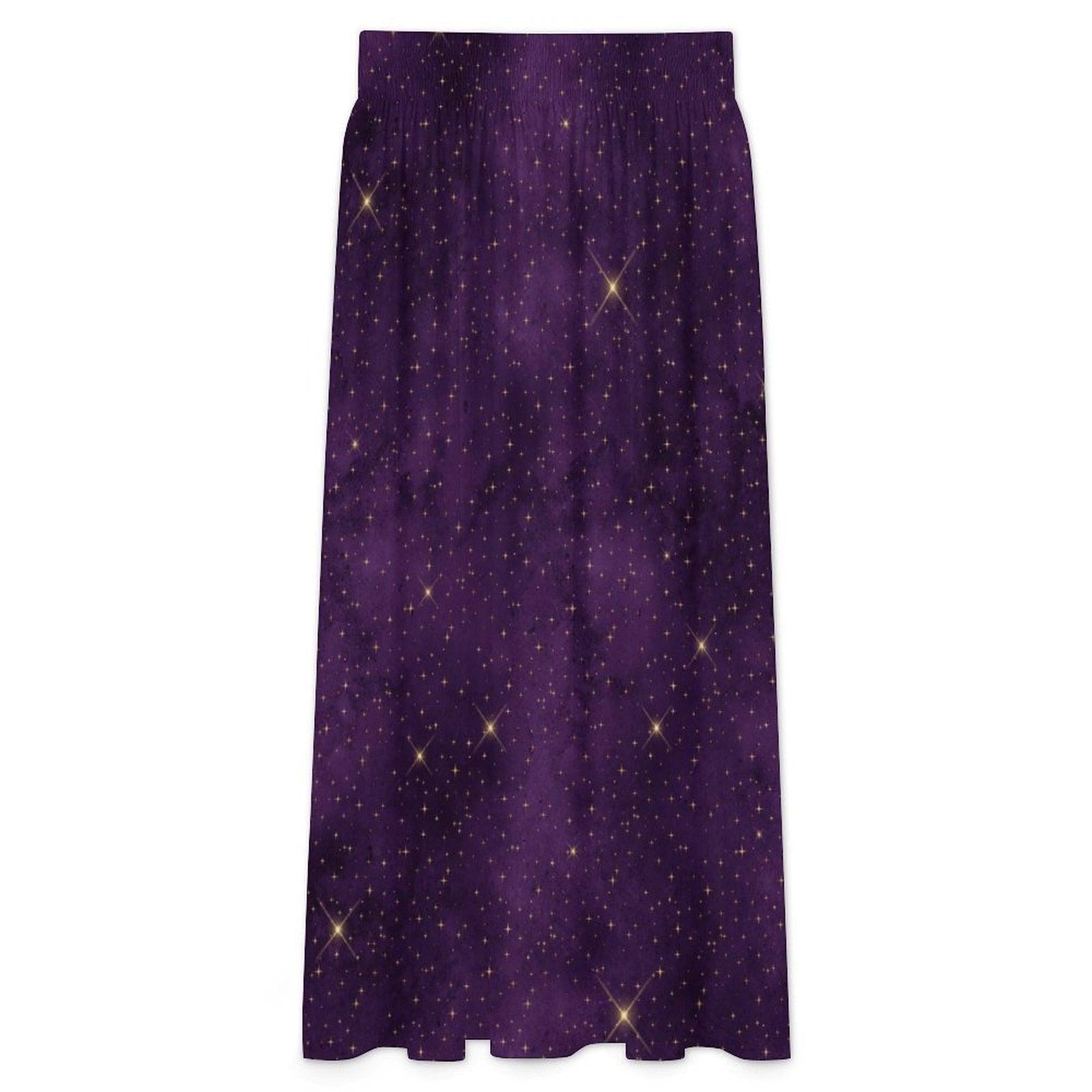Purple Star Print Maxi Skirt, Celestial High Waist A Line, Cosmic Boho Festival Style