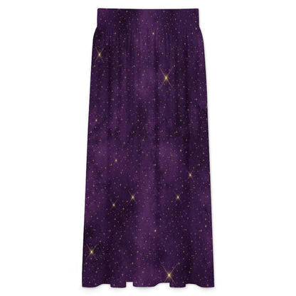 Purple Star Print Maxi Skirt, Celestial High Waist A Line, Cosmic Boho Festival Style