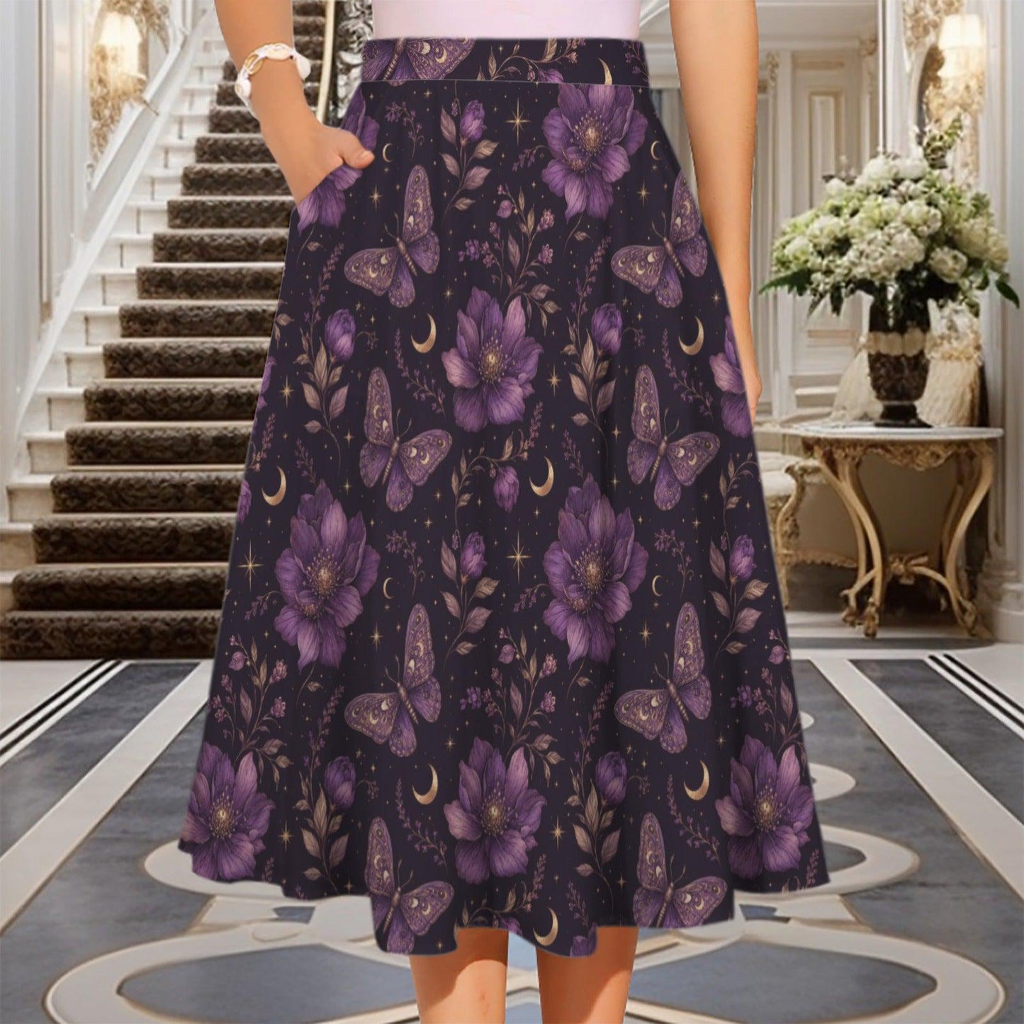 Celestial Butterfly Midi Skirt, Purple Moon Floral Print, Witchy Pockets Flowy Skirt