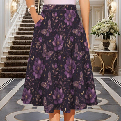 Celestial Butterfly Midi Skirt, Purple Moon Floral Print, Witchy Pockets Flowy Skirt