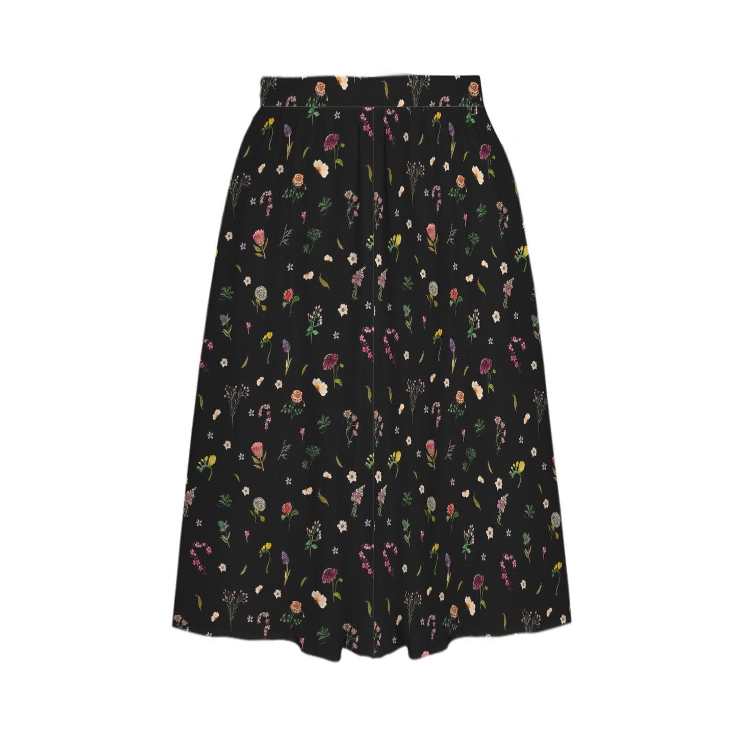 Black Wildflower Midi Skirt, High Waist A Line Flowy Floral Cottagecore Wear