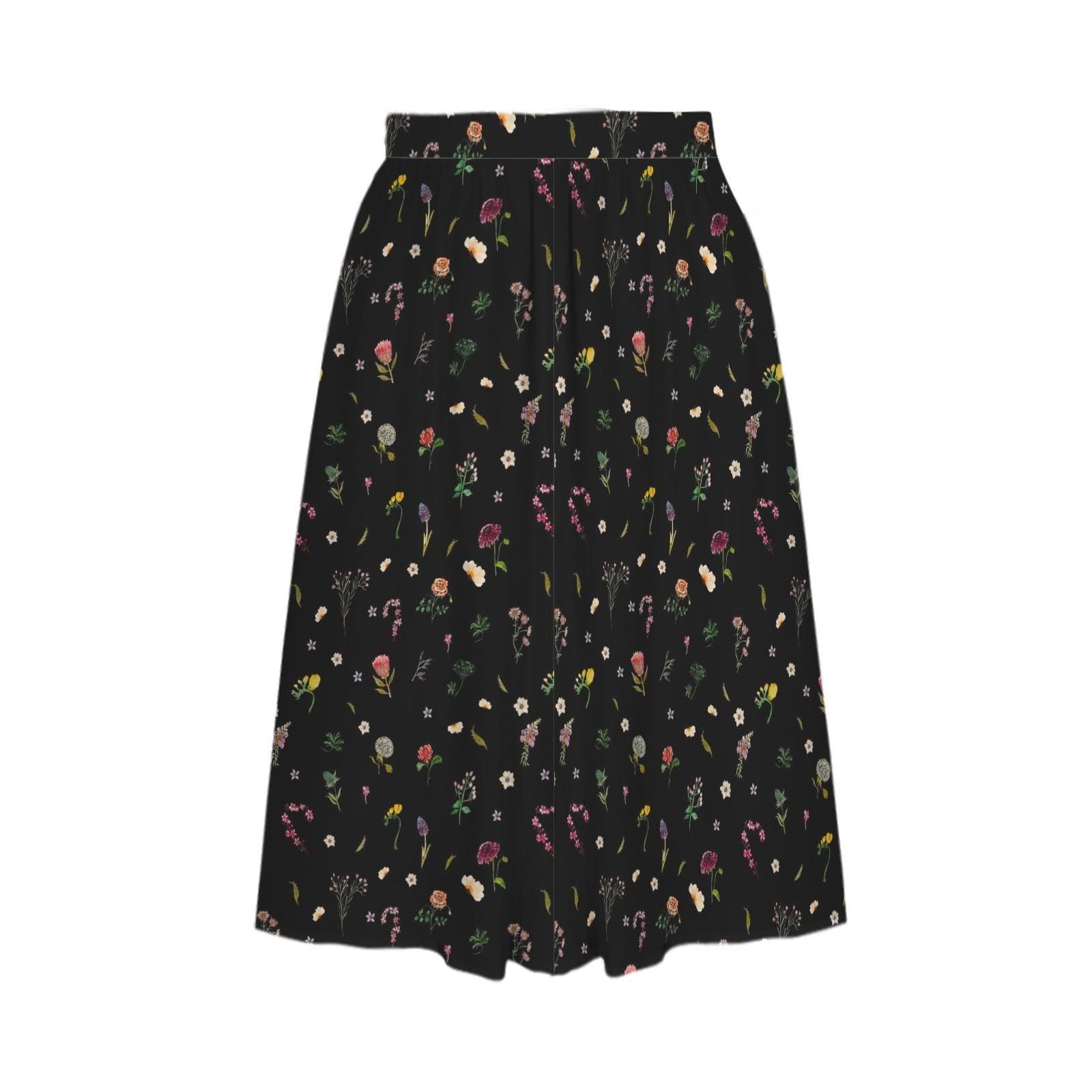 Black Wildflower Midi Skirt, High Waist A Line Flowy Floral Cottagecore Wear