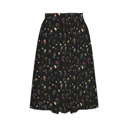 Black Wildflower Midi Skirt, High Waist A Line Flowy Floral Cottagecore Wear