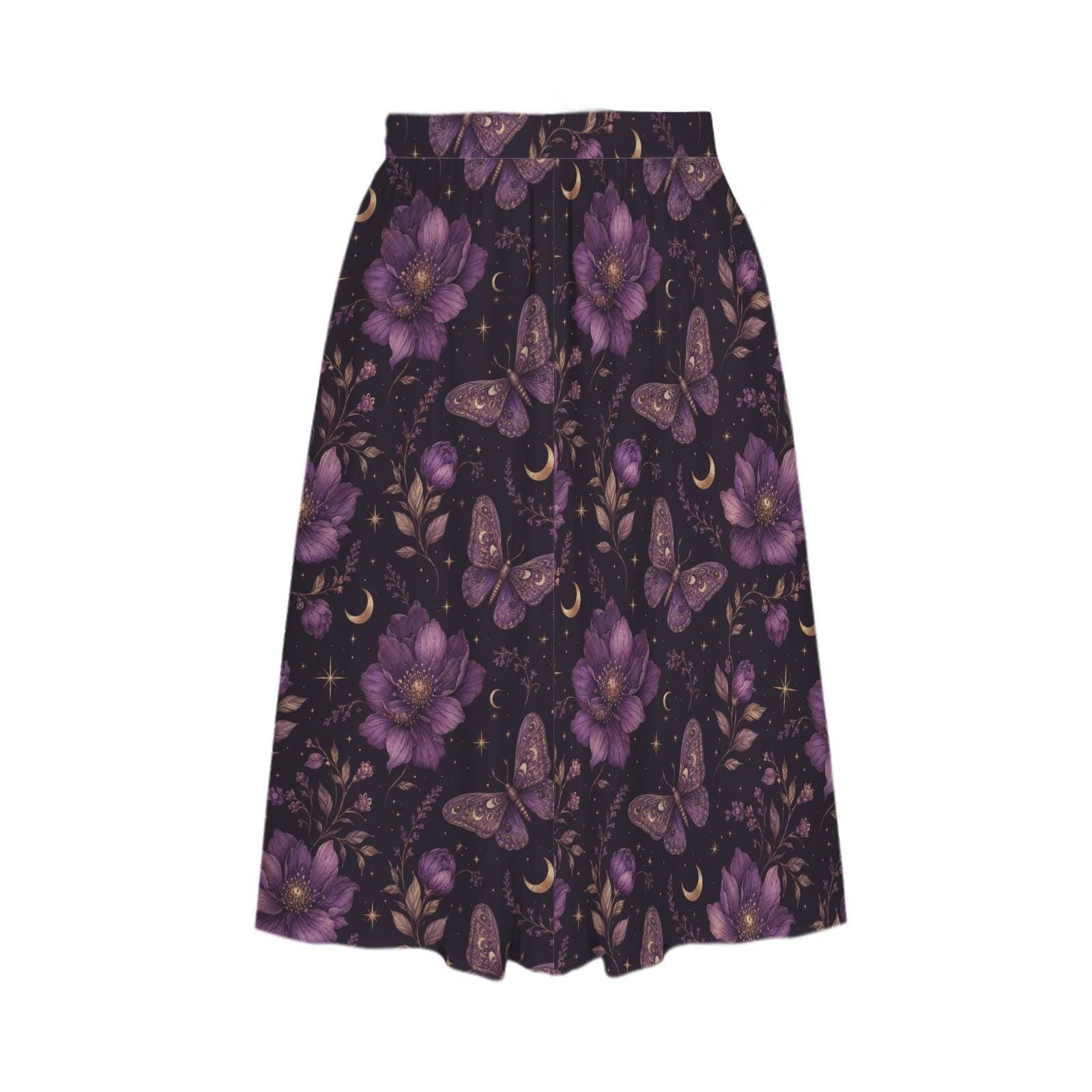 Celestial Butterfly Midi Skirt, Purple Moon Floral Print, Witchy Pockets Flowy Skirt