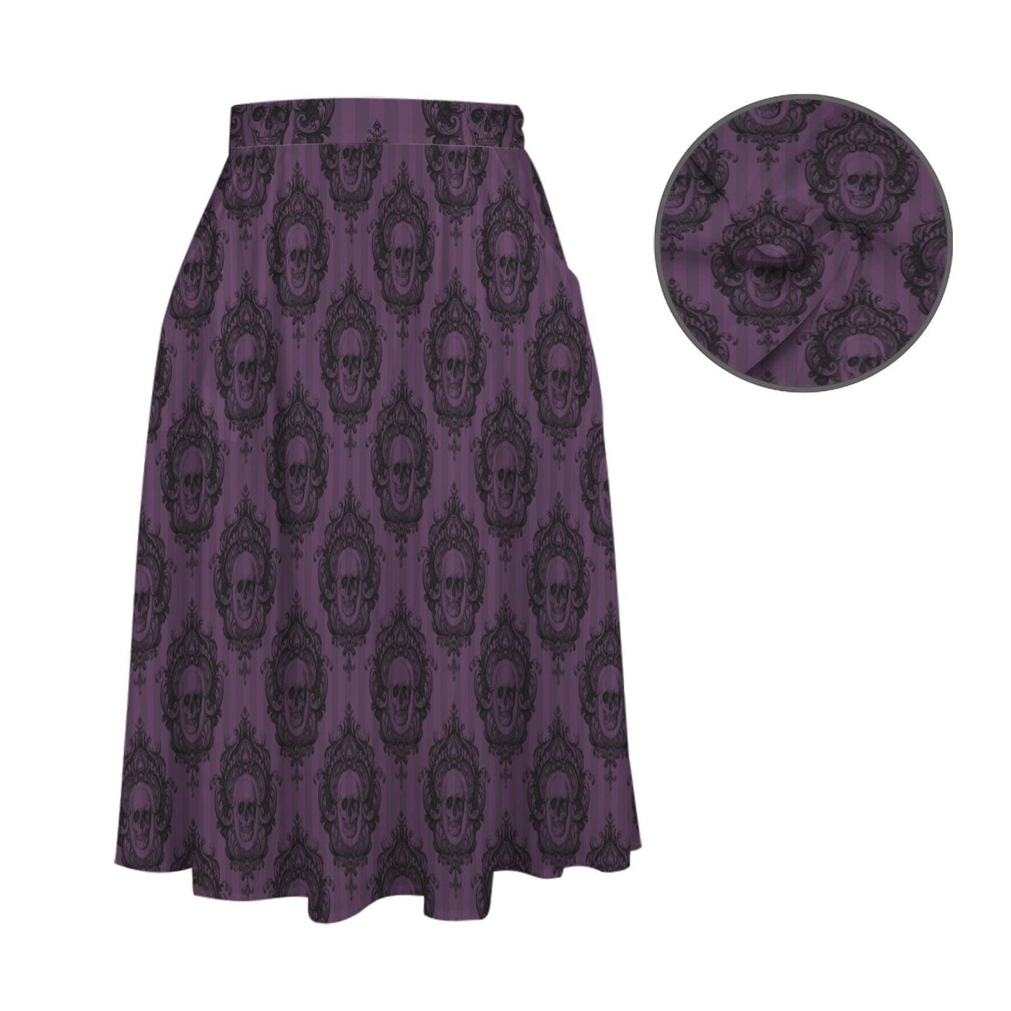 Whimsigoth Midi Skirt, Purple Ornamental Damask Print, High Waist A-Line, Pockets