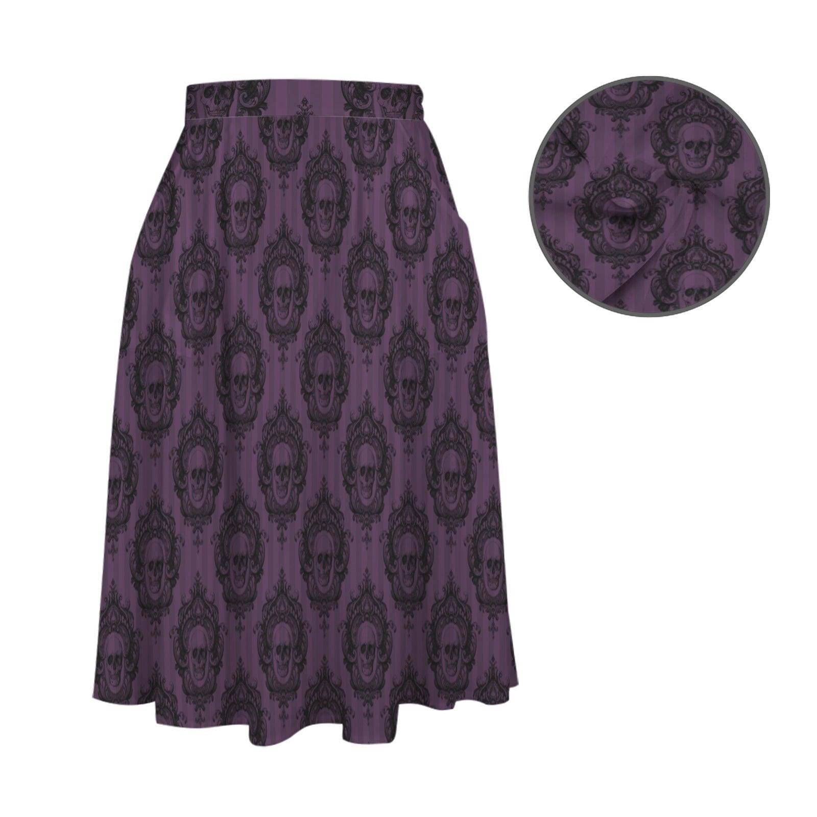 Whimsigoth Midi Skirt, Purple Ornamental Damask Print, High Waist A-Line, Pockets