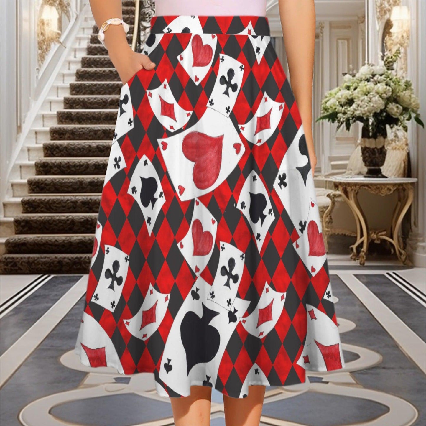 Alice in Wonderland Playing Card Midi Skirt, Queen of Hearts Costume, Pockets
