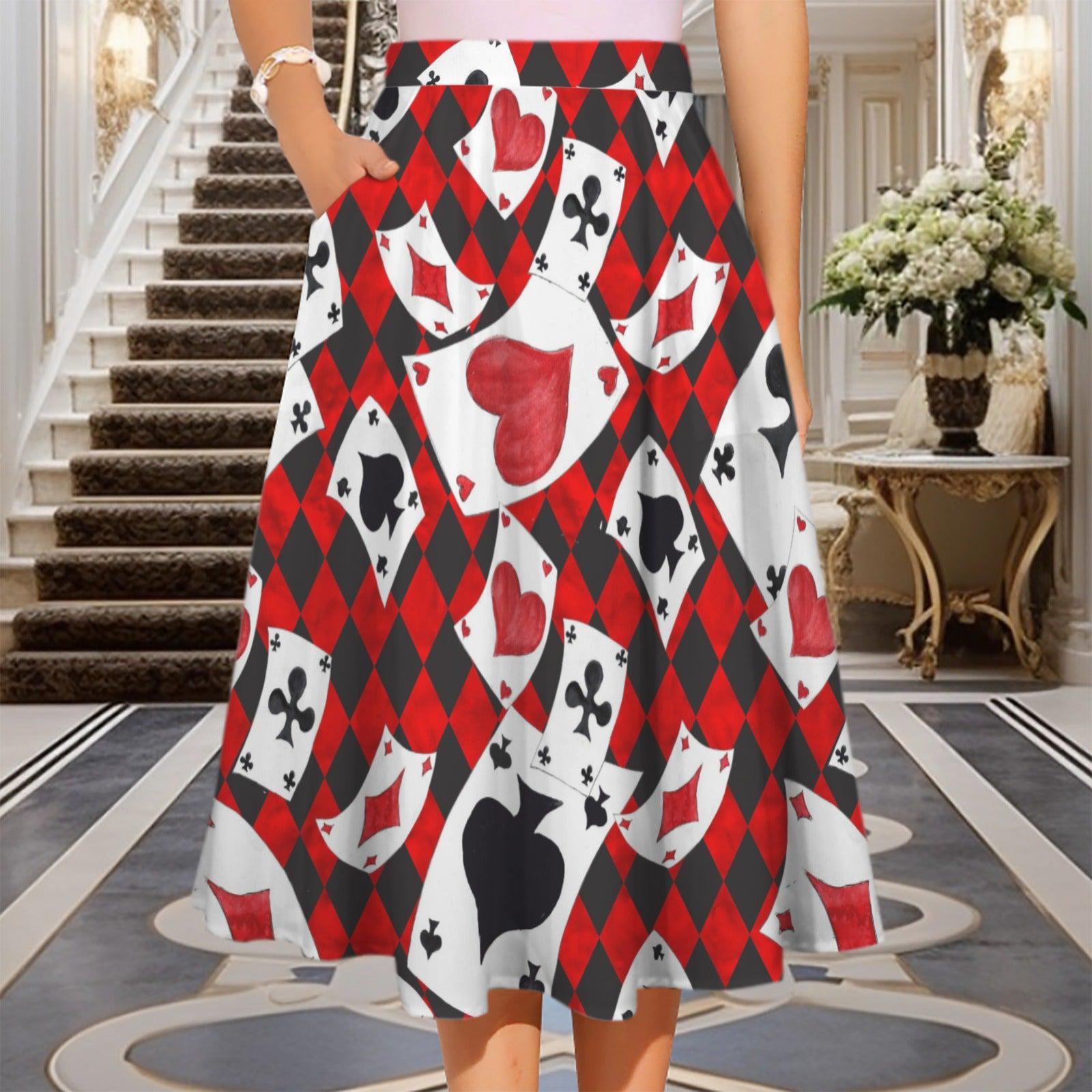 Alice in Wonderland Playing Card Midi Skirt, Queen of Hearts Costume, Pockets