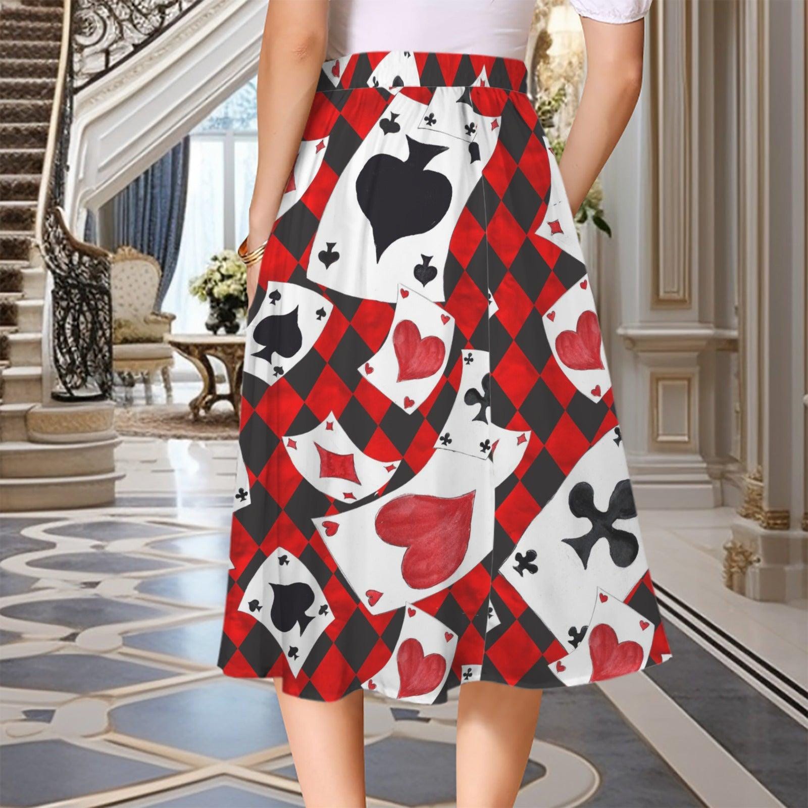 Alice in Wonderland Playing Card Midi Skirt, Queen of Hearts Costume, Pockets