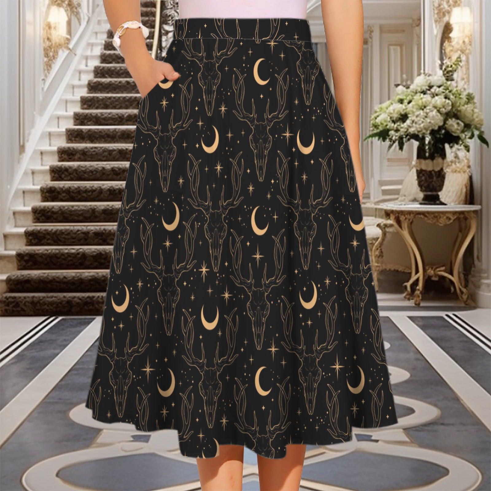 Black Celestial Maxi Skirt, Gold Moon Stars Print, High Waist Flowy Pockets