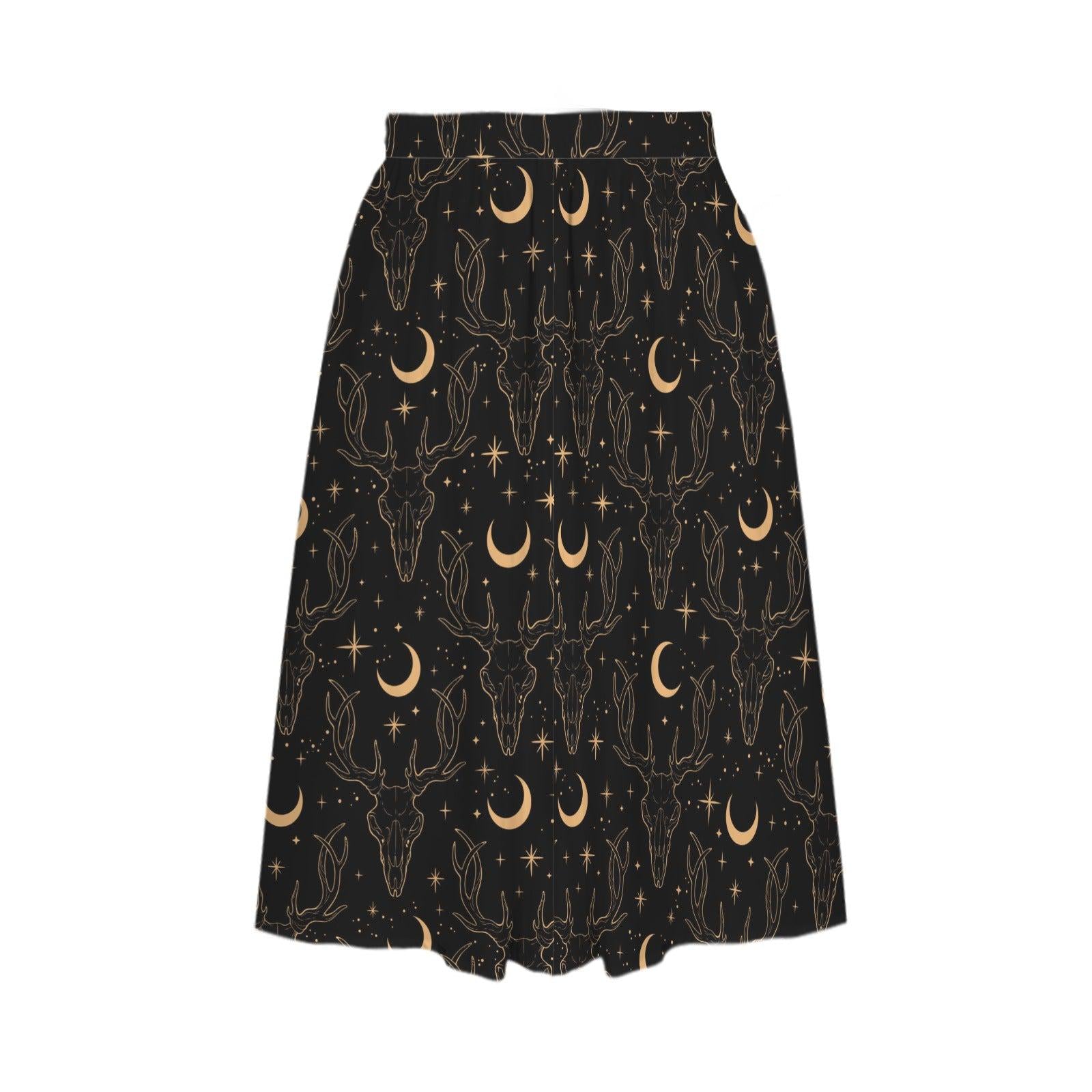 Black Celestial Maxi Skirt, Gold Moon Stars Print, High Waist Flowy Pockets