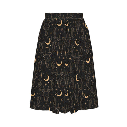 Black Celestial Maxi Skirt, Gold Moon Stars Print, High Waist Flowy Pockets