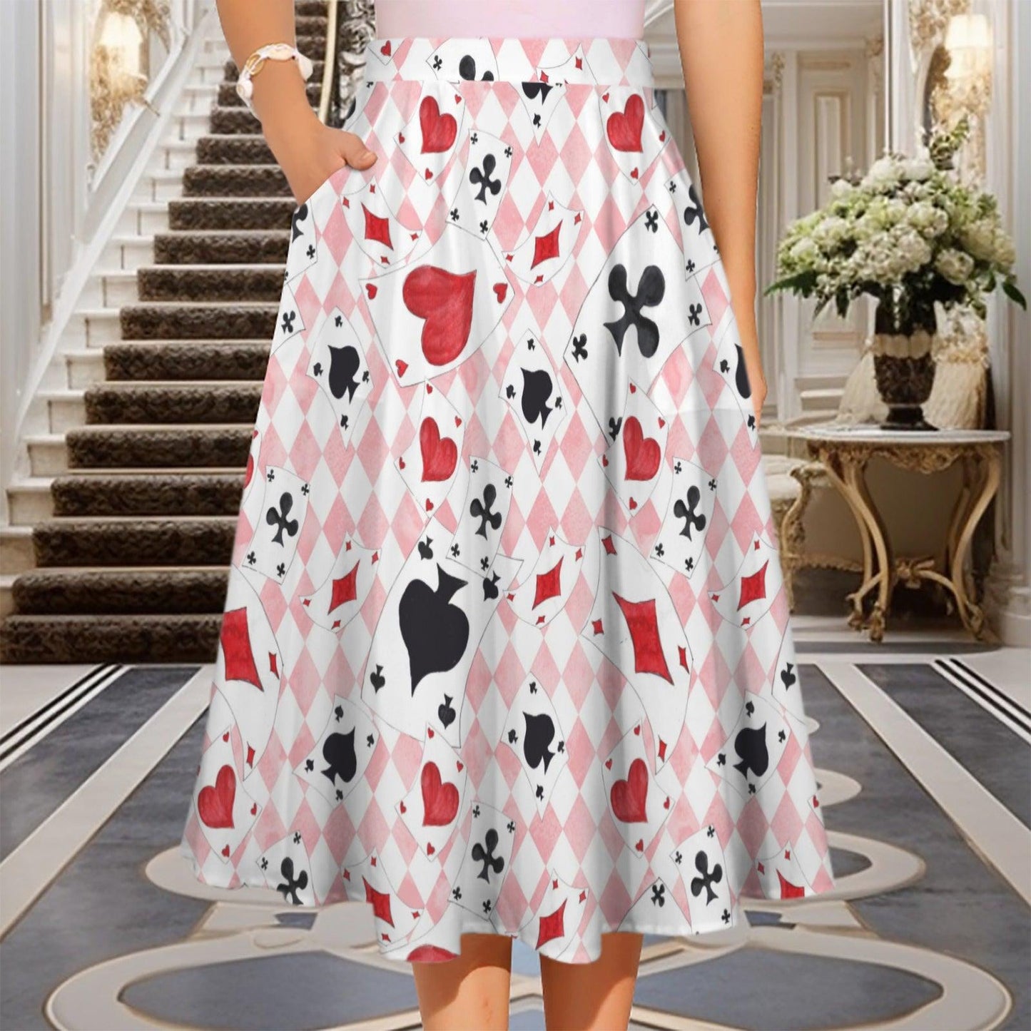 Alice In Wonderland Midi Skirt, Pink Harlequin Playing Card Print, High Waist Pockets