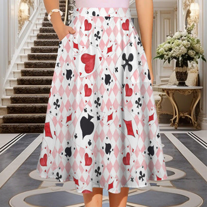 Alice In Wonderland Midi Skirt, Pink Harlequin Playing Card Print, High Waist Pockets