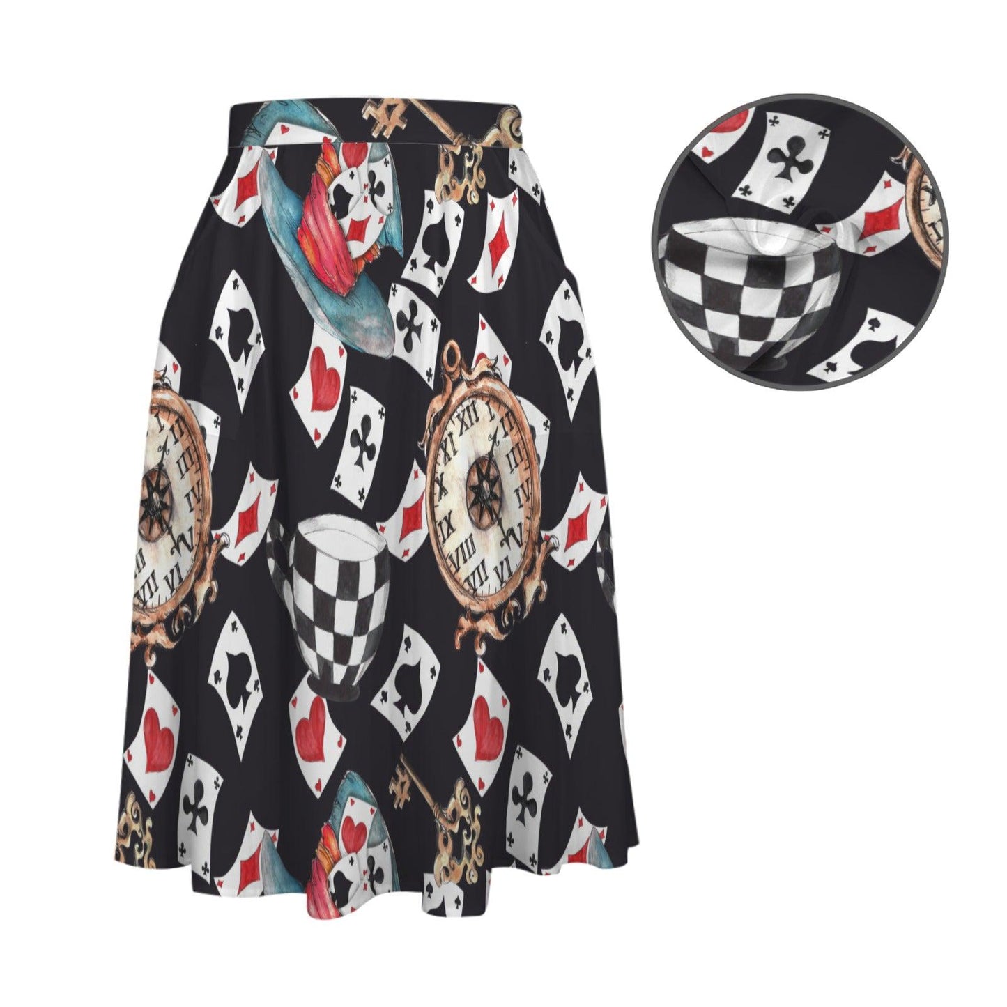 Alice in Wonderland Midi Skirt, Playing Card Tea Party Pockets, Whimsical Costume Style