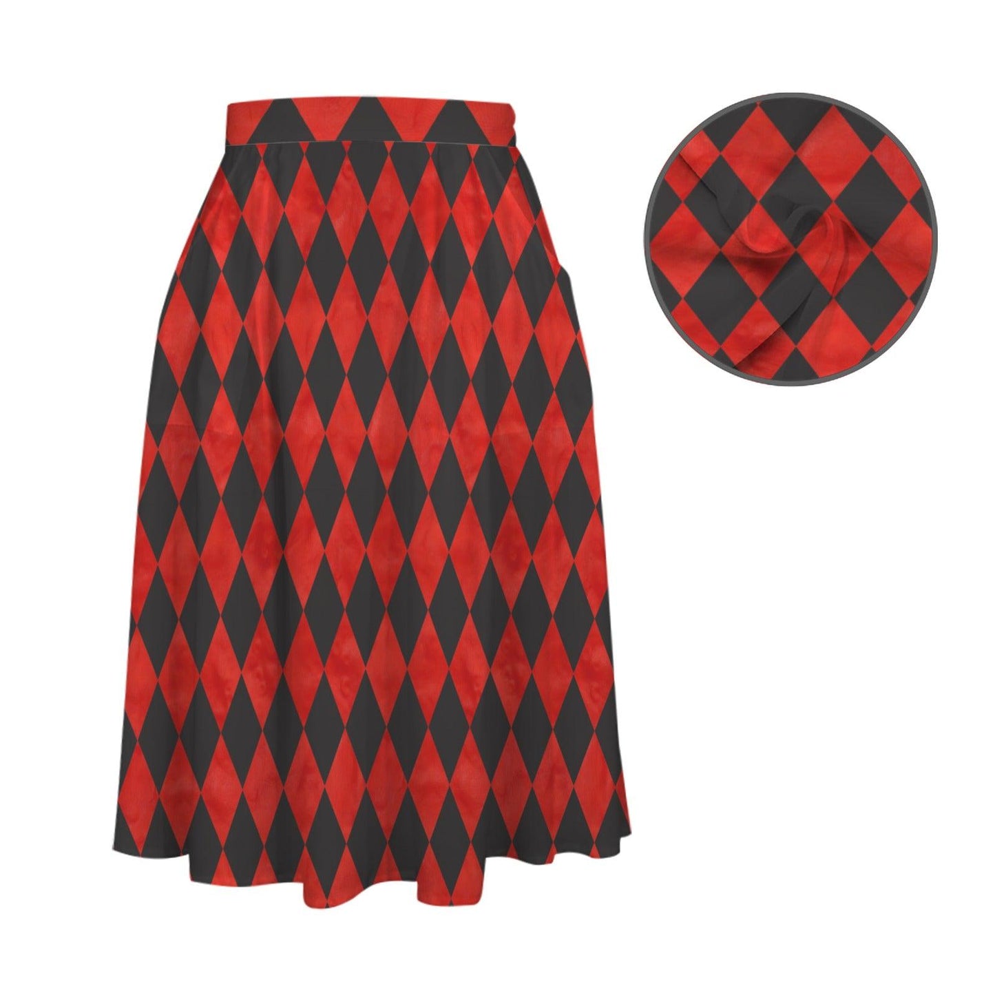 Harlequin Midi Skirt, Red Black Diamond Print, High Waist A Line, Pockets, Circus Style