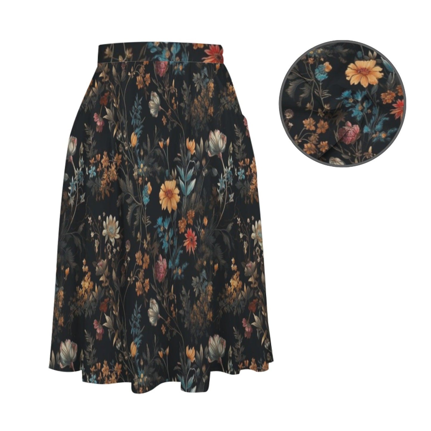 Dark Floral Midi Skirt, Moody Botanical Print, Whimsigoth A Line Flowy Skirt