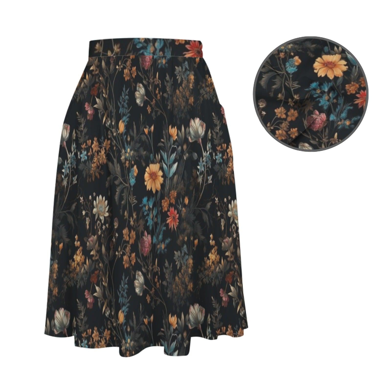 Dark Floral Midi Skirt, Moody Botanical Print, Whimsigoth A Line Flowy Skirt