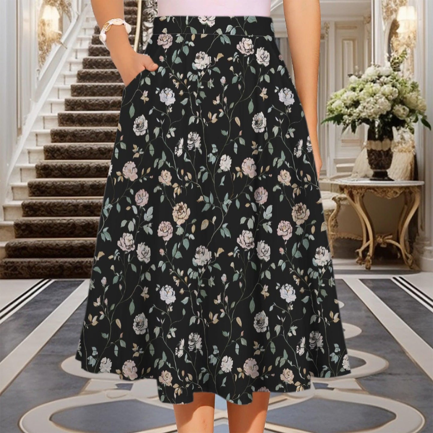 Black Rose Midi Skirt, Dark Floral Print, High Waist Pockets, Fall Layering Everyday Wear