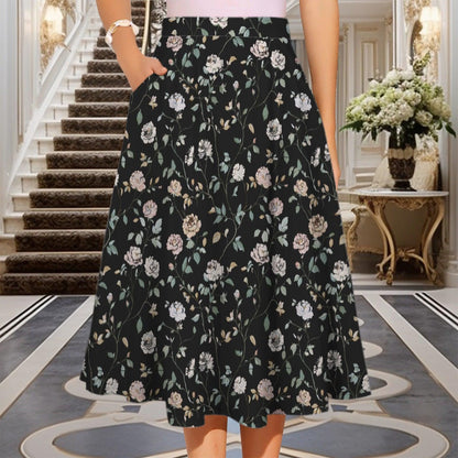 Black Rose Midi Skirt, Dark Floral Print, High Waist Pockets, Fall Layering Everyday Wear