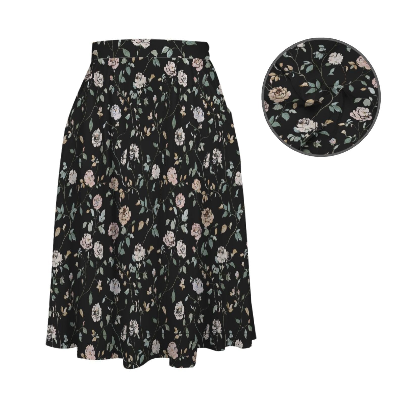 Black Rose Midi Skirt, Dark Floral Print, High Waist Pockets, Fall Layering Everyday Wear