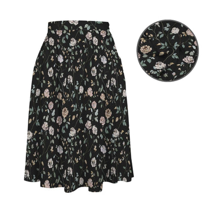 Black Rose Midi Skirt, Dark Floral Print, High Waist Pockets, Fall Layering Everyday Wear