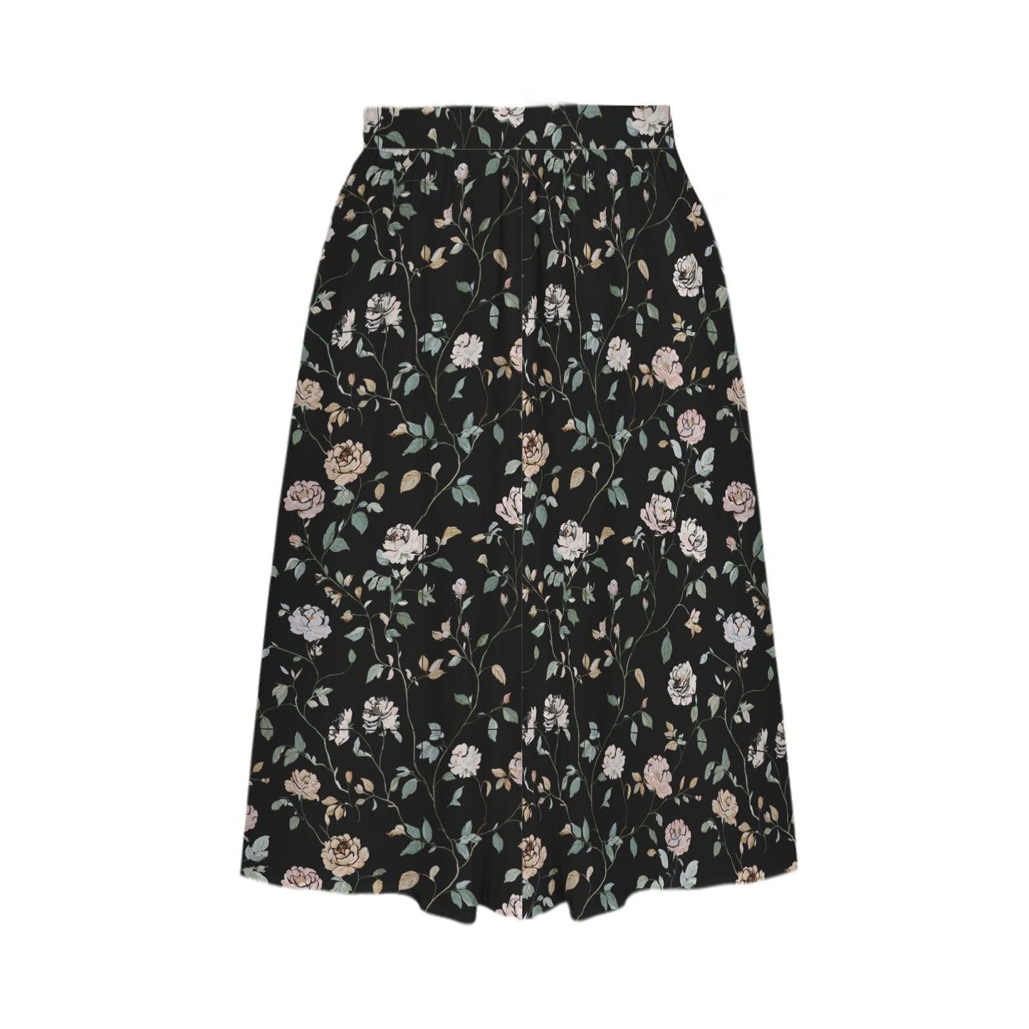 Black Rose Midi Skirt, Dark Floral Print, High Waist Pockets, Fall Layering Everyday Wear