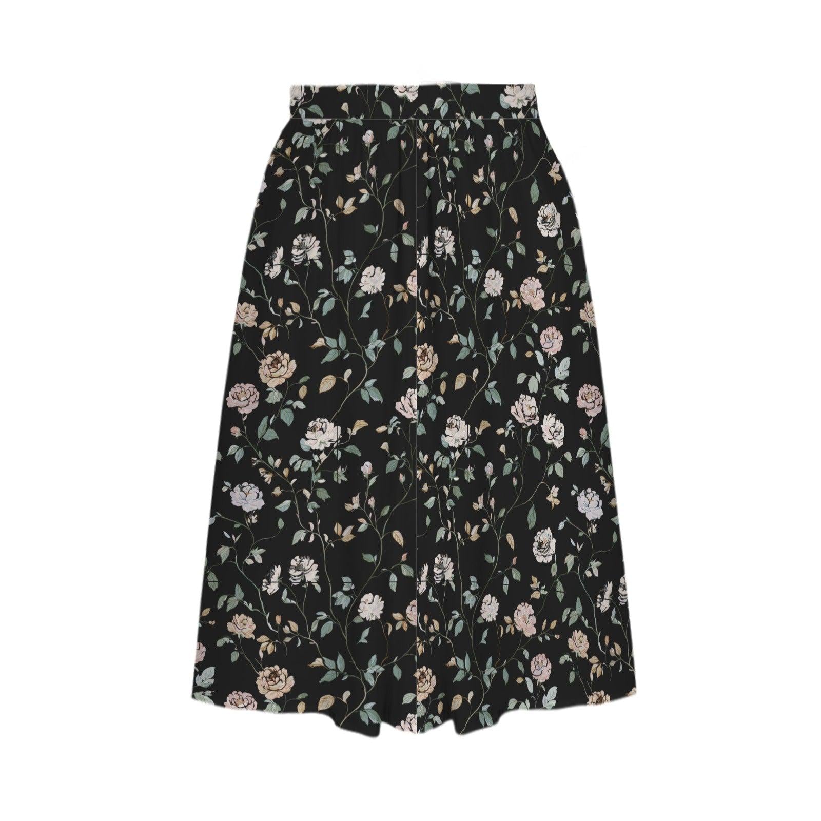 Black Rose Midi Skirt, Dark Floral Print, High Waist Pockets, Fall Layering Everyday Wear