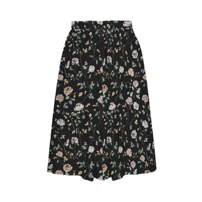 Black Rose Midi Skirt, Dark Floral Print, High Waist Pockets, Fall Layering Everyday Wear