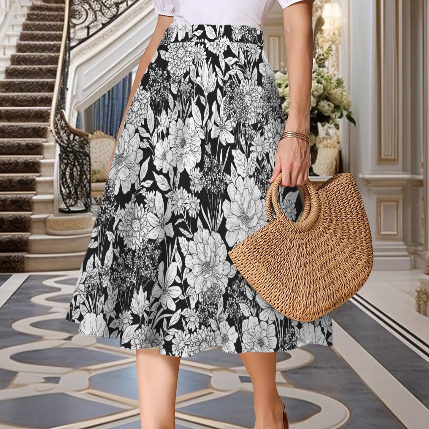 Monochrome Floral Midi Skirt, Hand-Drawn Line Art Flowers, High Waist A-Line Skirt