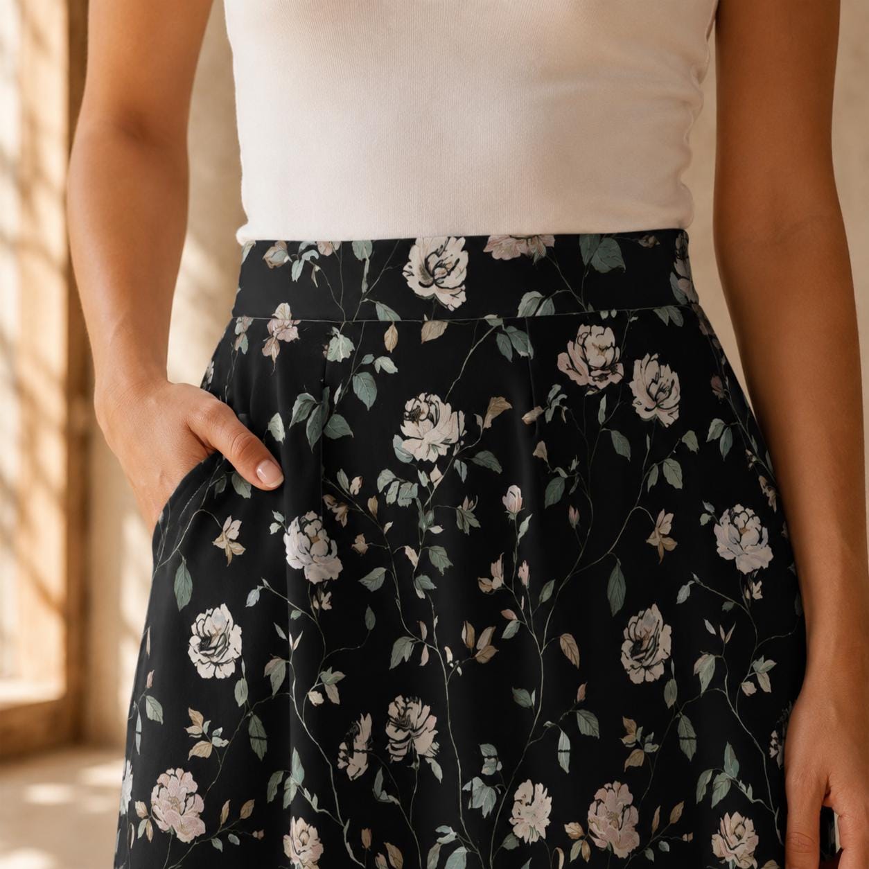 Black Rose Midi Skirt, Dark Floral Print, High Waist Pockets, Fall Layering Everyday Wear