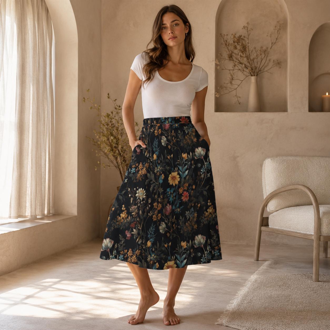 Dark Floral Midi Skirt, Moody Botanical Print, Whimsigoth A Line Flowy Skirt