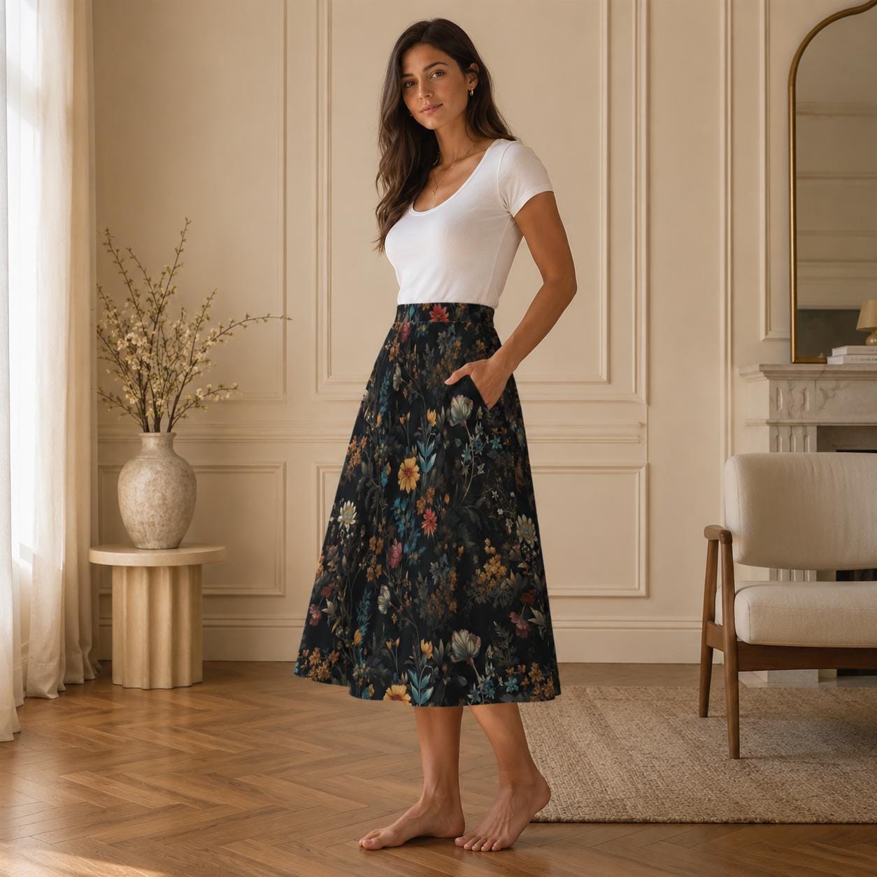 Dark Floral Midi Skirt, Moody Botanical Print, Whimsigoth A Line Flowy Skirt