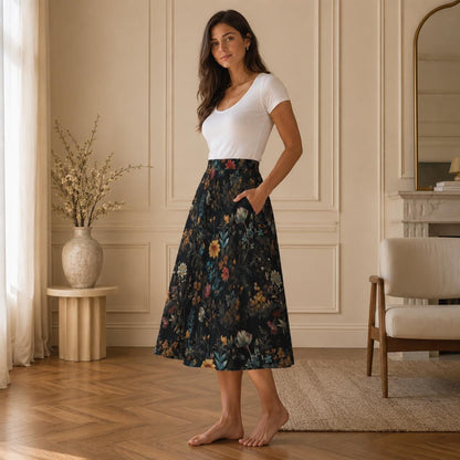 Dark Floral Midi Skirt, Moody Botanical Print, Whimsigoth A Line Flowy Skirt