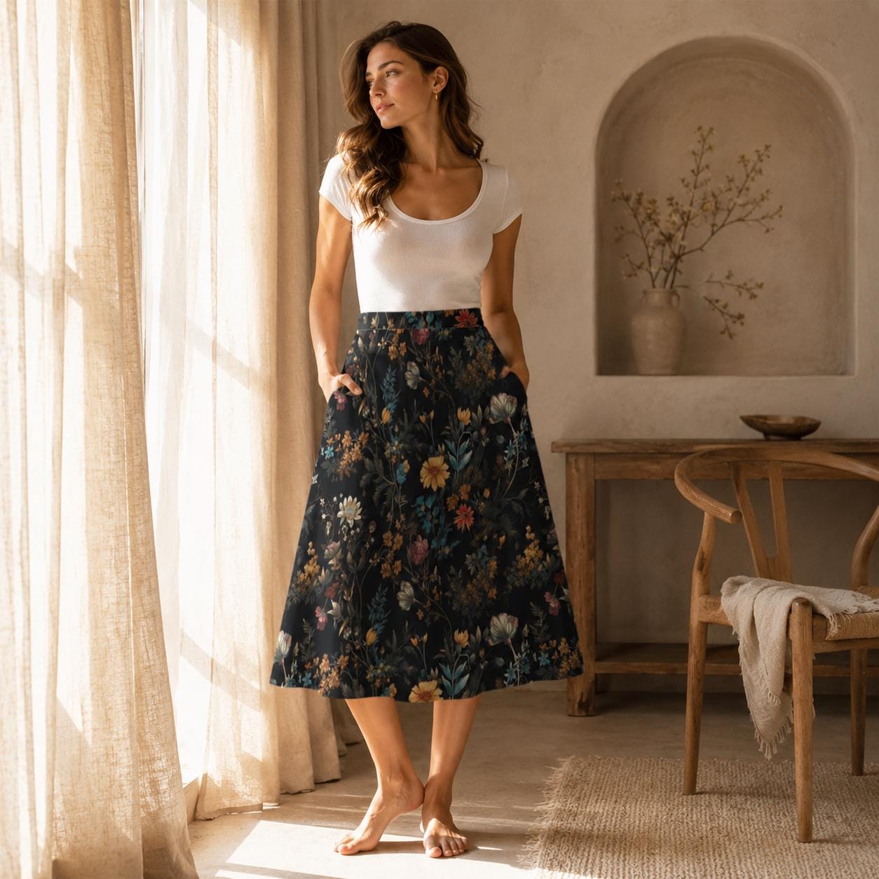 Dark Floral Midi Skirt, Moody Botanical Print, Whimsigoth A Line Flowy Skirt