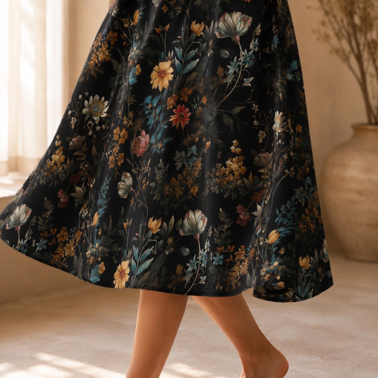 Dark Floral Midi Skirt, Moody Botanical Print, Whimsigoth A Line Flowy Skirt