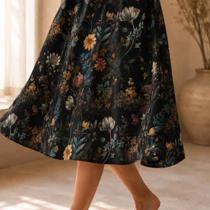 Dark Floral Midi Skirt, Moody Botanical Print, Whimsigoth A Line Flowy Skirt