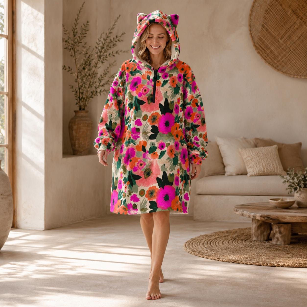 Oversized Floral Blanket Hoodie, Pink Orange Bloom Fleece Lounge Pullover