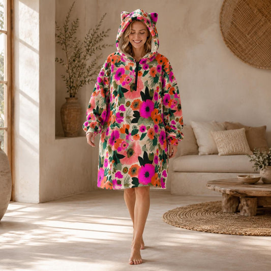 Oversized Floral Blanket Hoodie, Pink Orange Bloom Fleece Lounge Pullover